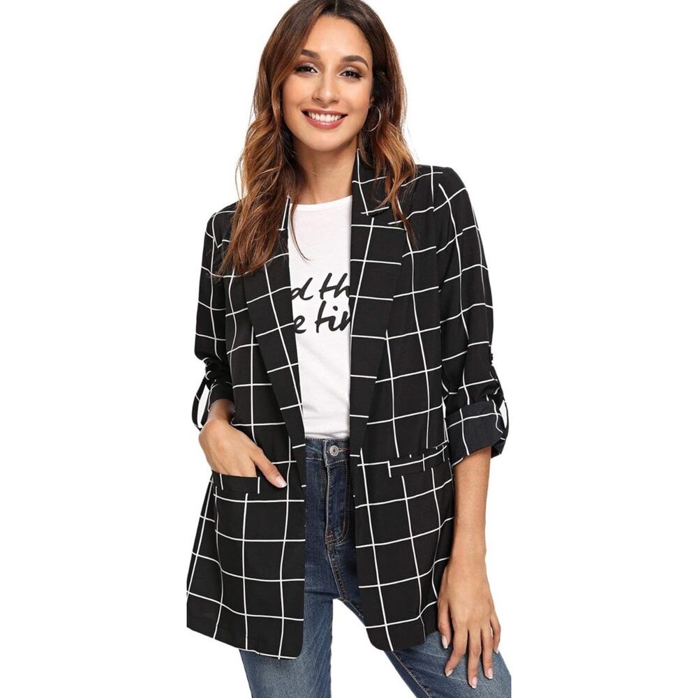 Women's Open Front Blazer Casual Lightweight Plaid Roll Up Sleeve, Size M